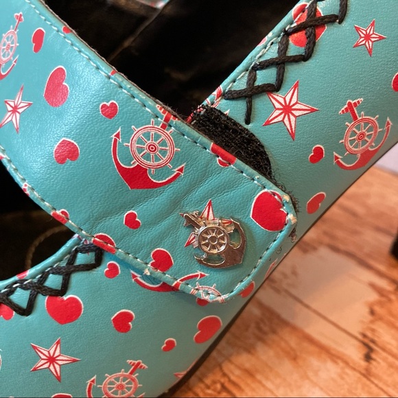 Tuk Rockabilly Heart Anchor Star Mary Jane Heels Blue Nautical Pin Up Pumps Red - Picture 6 of 10